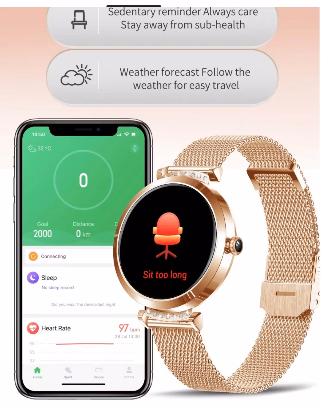 Dam smart armbandsur med hälso mätare, sport meny