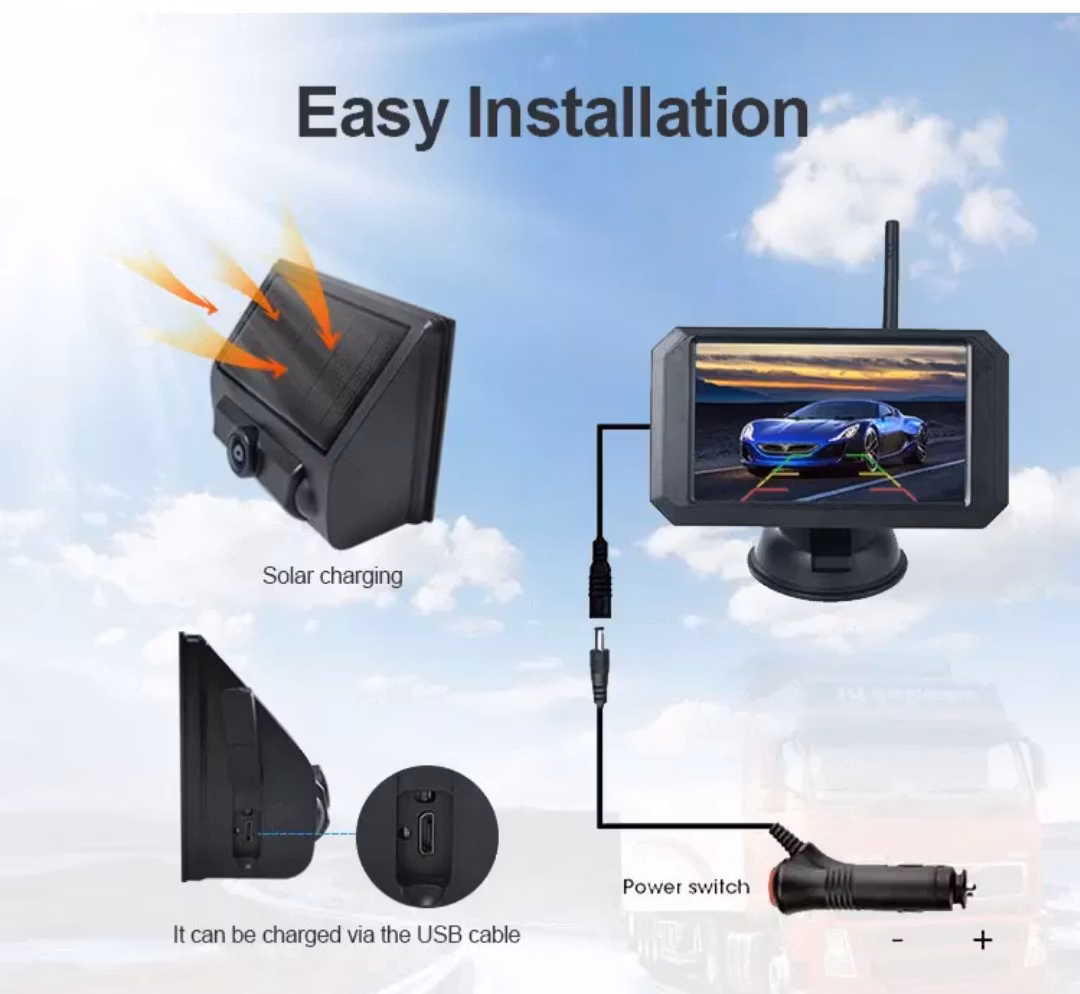 5"  Digital trådlös wifi 9-36 volt  backkamerasats solcell laddning