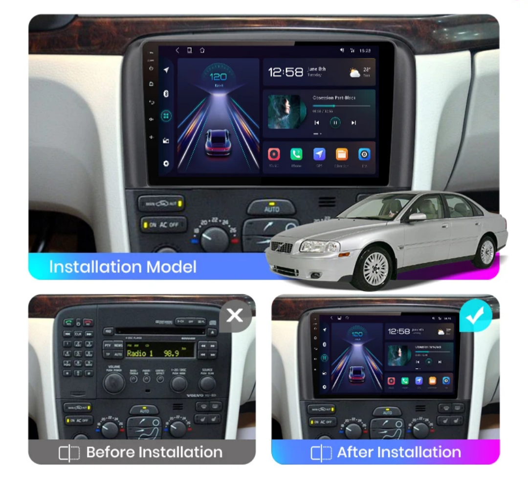9"android 13, bilstereo volvo S80( 1998--2006) gps wifi carplay android auto blåtand rds Dsp RAM: 4GB, ROM: 64GB, 4G LTE + gratis backkamera