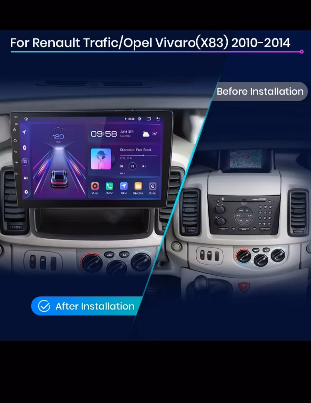 9"android 13, bilstereo  Renault  Traffic  ( 2010--2014) gps wifi carplay android auto blåtand rds Dsp RAM: 4GB, ROM: 64GB, 4G LTE