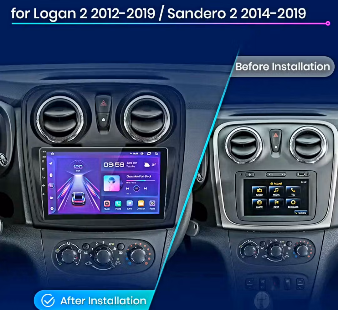 9"android 13, bilstereo  Renault logan 2, sandero ( 2014--2019) gps wifi carplay android auto blåtand rds Dsp RAM: 4GB, ROM:64GB, 4G LTE