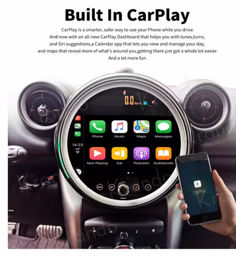 "android14, bilstereo med svart cd spelare  BMW mini Cooper Countryman ( 2011--2014) gps wifi carplay android auto blåtand rds Dsp RAM:8GB, ROM 64GB, 4G LTE