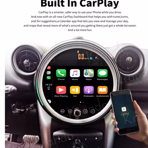 "android14, bilstereo med svart cd spelare  BMW mini Cooper Countryman ( 2011--2014) gps wifi carplay android auto blåtand rds Dsp RAM:8GB, ROM 64GB, 4G LTE