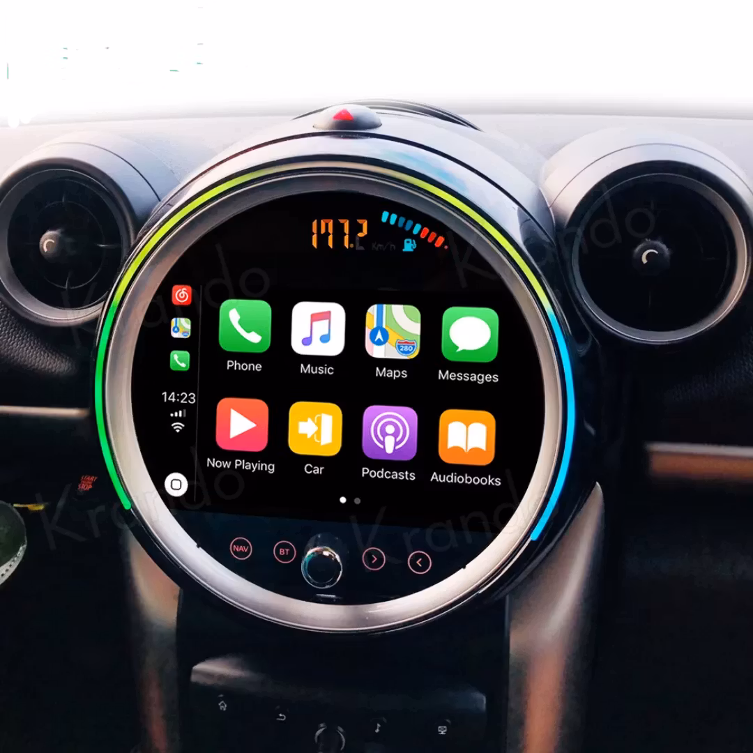 "android14, bilstereo med svart cd spelare  BMW mini Cooper Countryman ( 2011--2014) gps wifi carplay android auto blåtand rds Dsp RAM:8GB, ROM 64GB, 4G LTE