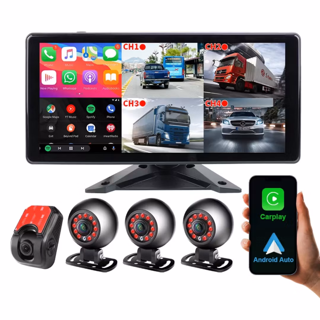 10,36 tums 4 delad skärm Dash Cam-monitor med 4 st 1080P främre bakre kamera Lastbil Trailer Buss RV Trådlös Carplay Android Auto