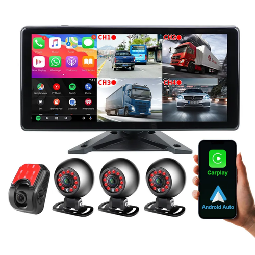 10,36 tums 4 delad skärm Dash Cam-monitor med 4 st 1080P främre bakre kamera Lastbil Trailer Buss RV Trådlös Carplay Android Auto