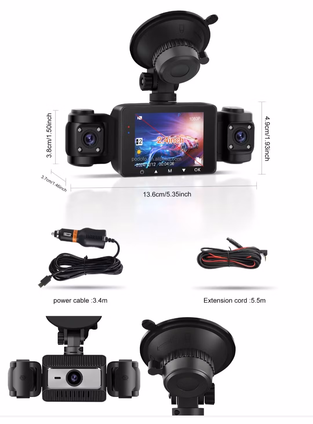 HD 1080P 4 kameror  Bil DVR Dash Cam Bilkamera 2,4 tum IPS-inspelare G-Sensor Night Vision Parkeringsmonitor + 4 x kameror