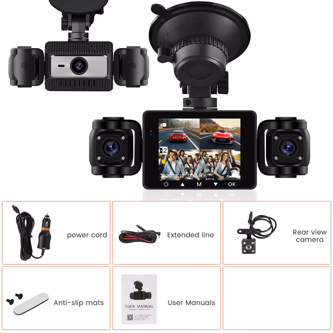 HD 1080P 4 kameror  Bil DVR Dash Cam Bilkamera 2,4 tum IPS-inspelare G-Sensor Night Vision Parkeringsmonitor + 4 x kameror