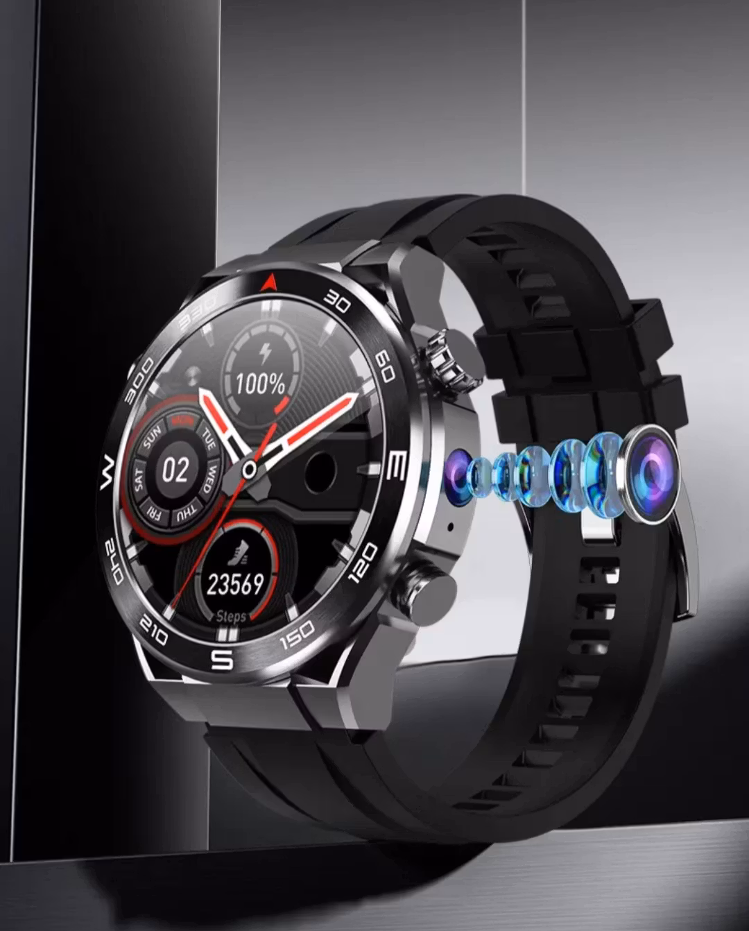 2025 Smartwatch Dubbla Kameror 4G Sim-kort med Wifi 1,53 tum Amoled-skärm Trådlös laddning Vattentät Relojes Smart klocka