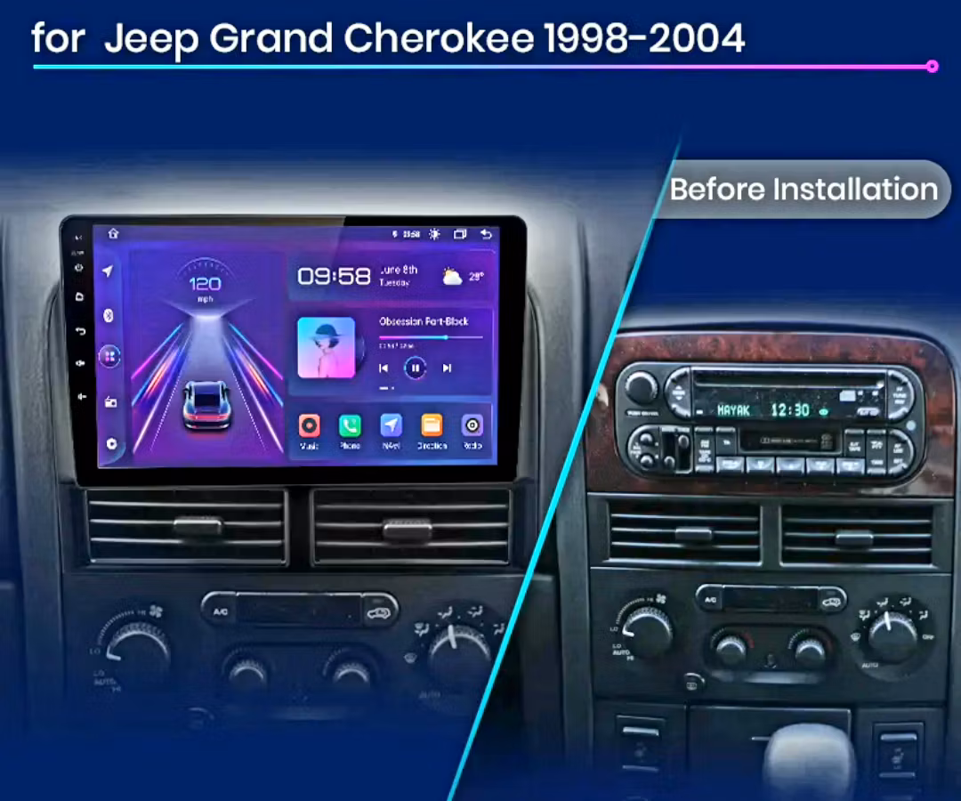 9"android 13,bilstereo Jeep Grand Cherokee ( 1998 - 2004) gps wifi carplay android auto blåtand rds Dsp RAM:4 GB,ROM:64, 4G LTE