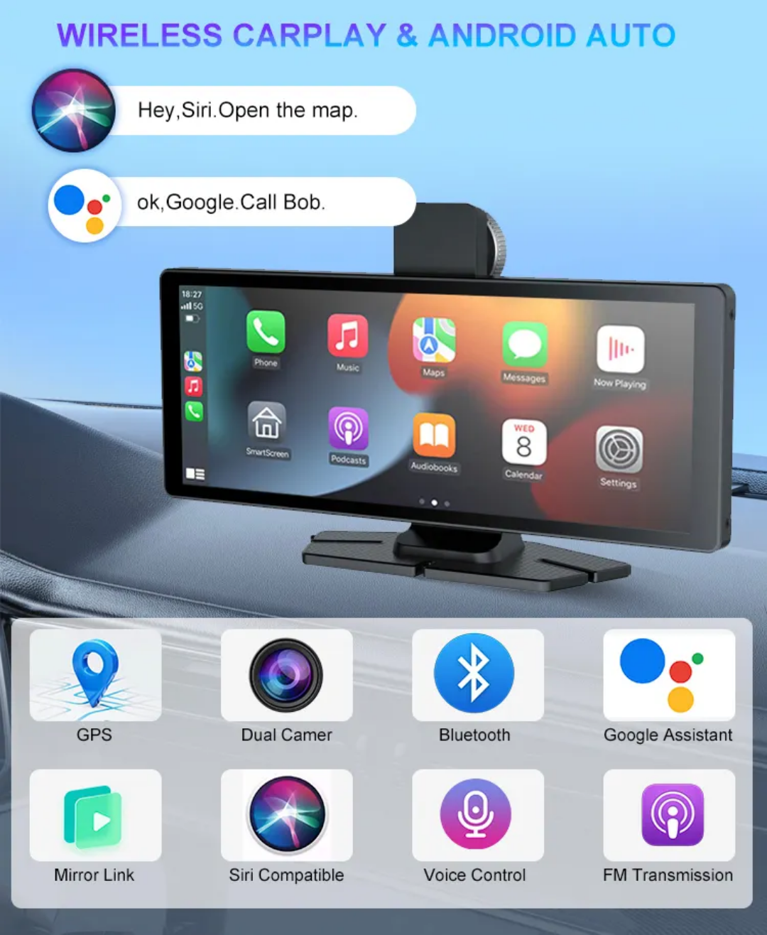 10,26'' IPS pekskärm HD Bärbar Monitor Trådlös Carplay Android auto Display Universal bil  Media spelare