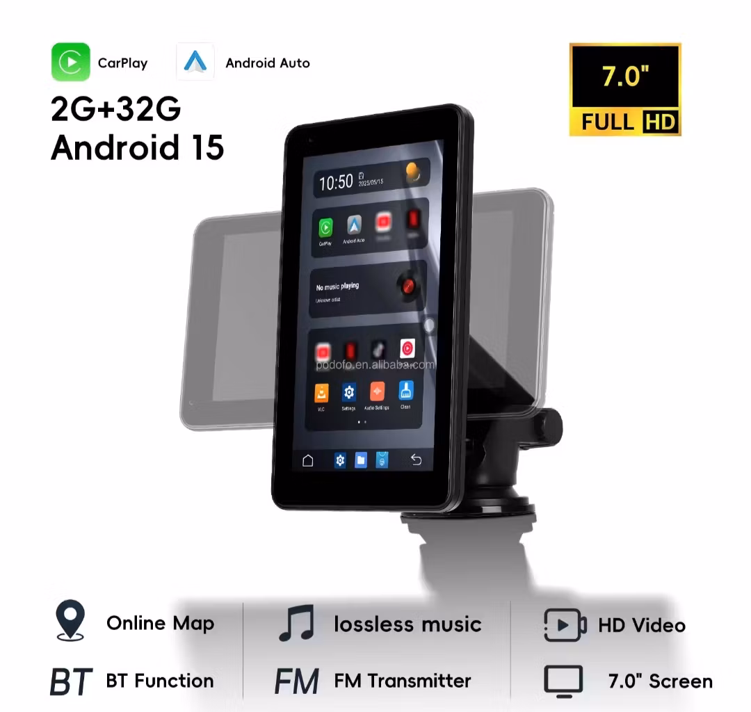 7-tums 2+32G Android 15, Bärbar Trådlös Carplay Android Auto HD-skärm Dubbel BT/WiFi GPS TYP-C Bilradio