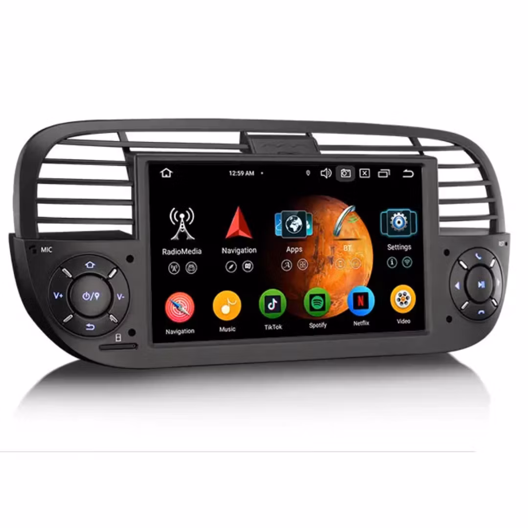 7"android 14 bilstereo   Fiat 500/500C/500S( 2008-2015)  gps wifi carplay android auto blåtand rds Dsp RAM: 4GB, ROM: 64GB, 4G LTE