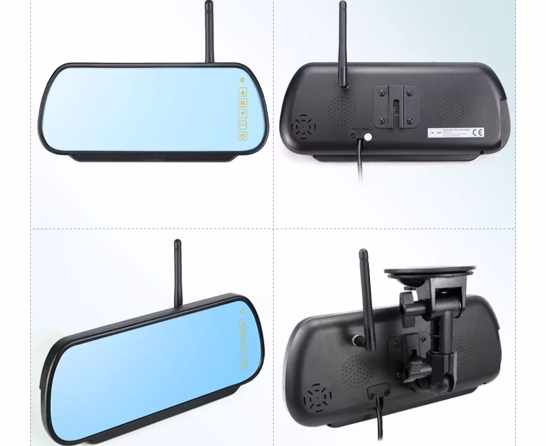 Trådlös 7-tums spegel-DVR-skärm med  2st solenergibaserad magnetisk wifi front& backkamera 9600mAh ,128GB  extra minne