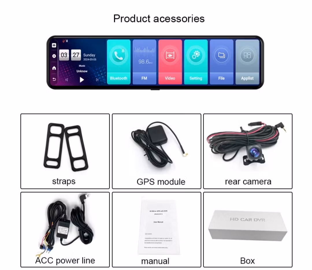 12" bilspegel  med Gps tracker, 4G,dvr 32GB, ADAS, Dual kamera