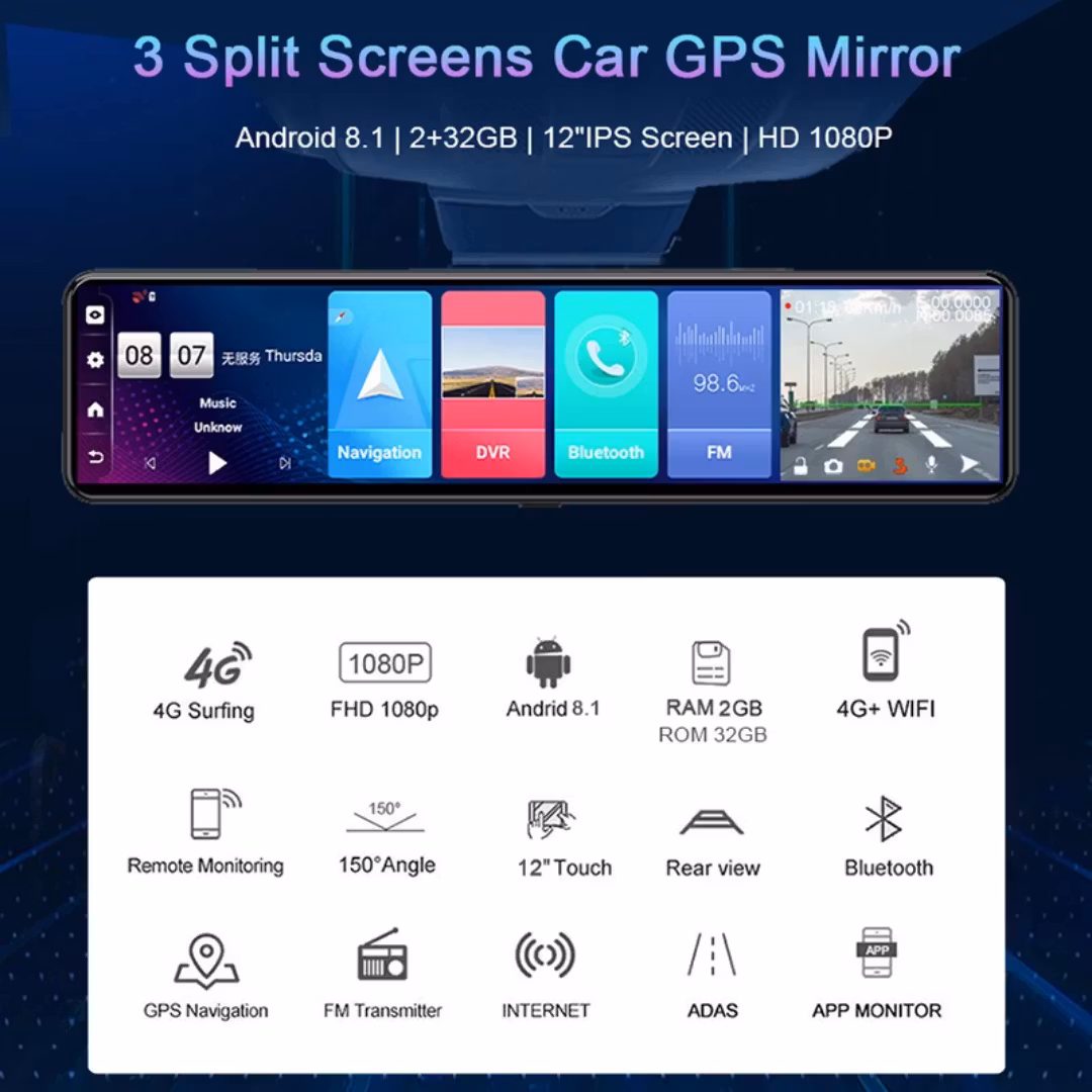 12" bilspegel  med Gps tracker, 4G,dvr 32GB, ADAS, Dual kamera