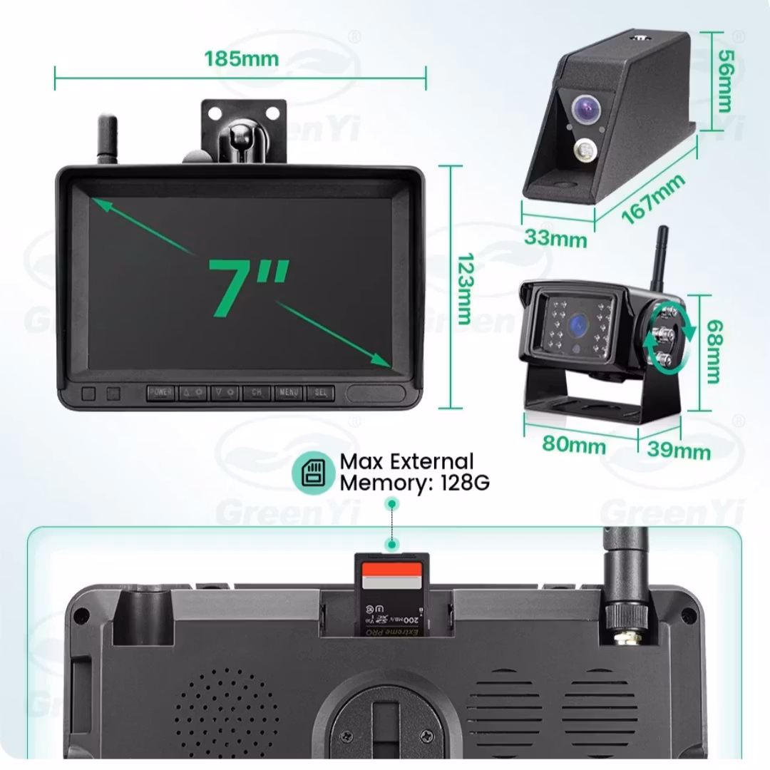 Gaffeltruck Digital Trådlös 7'' BSD Radar DVR Monitor Varningslampa Laserpositionering & Magnetiskt Batteri AHD1080 IR Bilkamera Kit