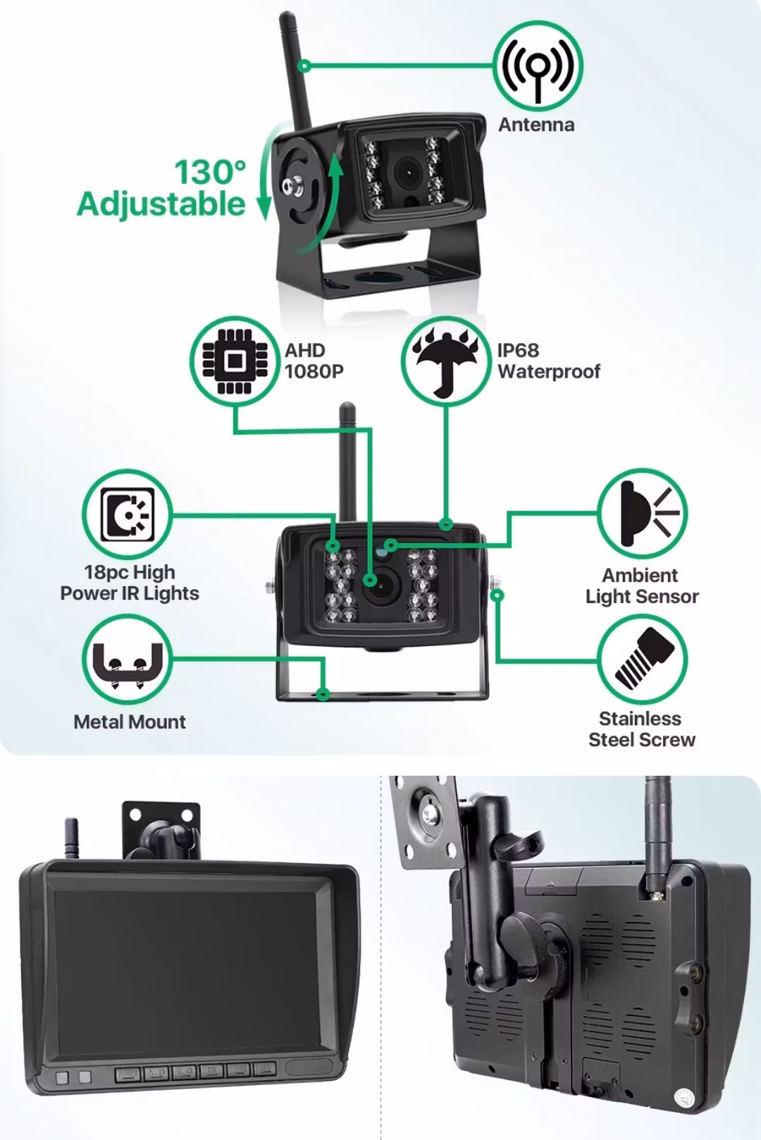Gaffeltruck Digital Trådlös 7'' BSD Radar DVR Monitor Varningslampa Laserpositionering & Magnetiskt Batteri AHD1080 IR Bilkamera Kit