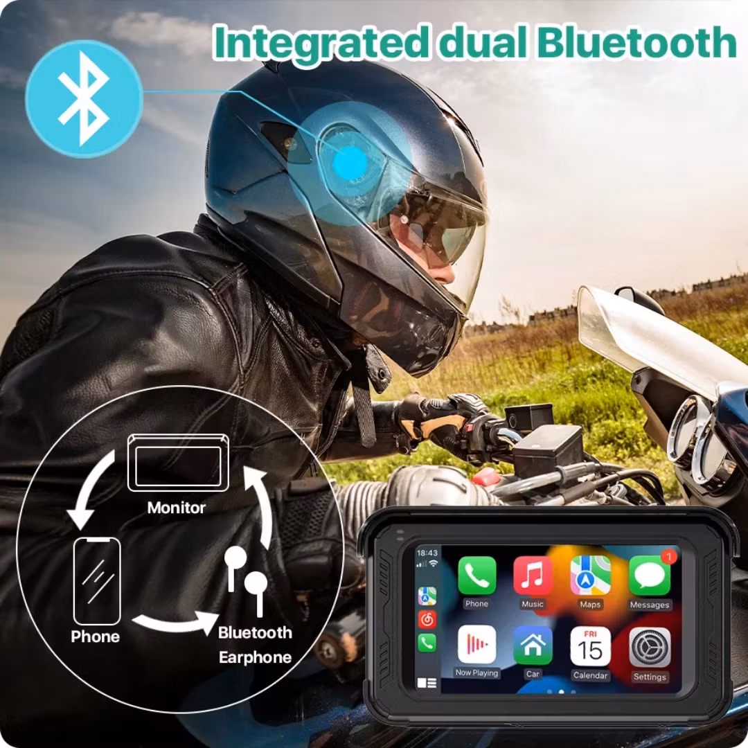 5-tums trådlös motorcykel-DVR med Apple Carplay, 2K/1080P, IP65 vattentät kamera, skärm, GPS, Bluetooth, Android Auto
