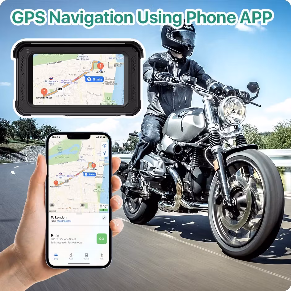5-tums trådlös motorcykel-DVR med Apple Carplay, 2K/1080P, IP65 vattentät kamera, skärm, GPS, Bluetooth, Android Auto