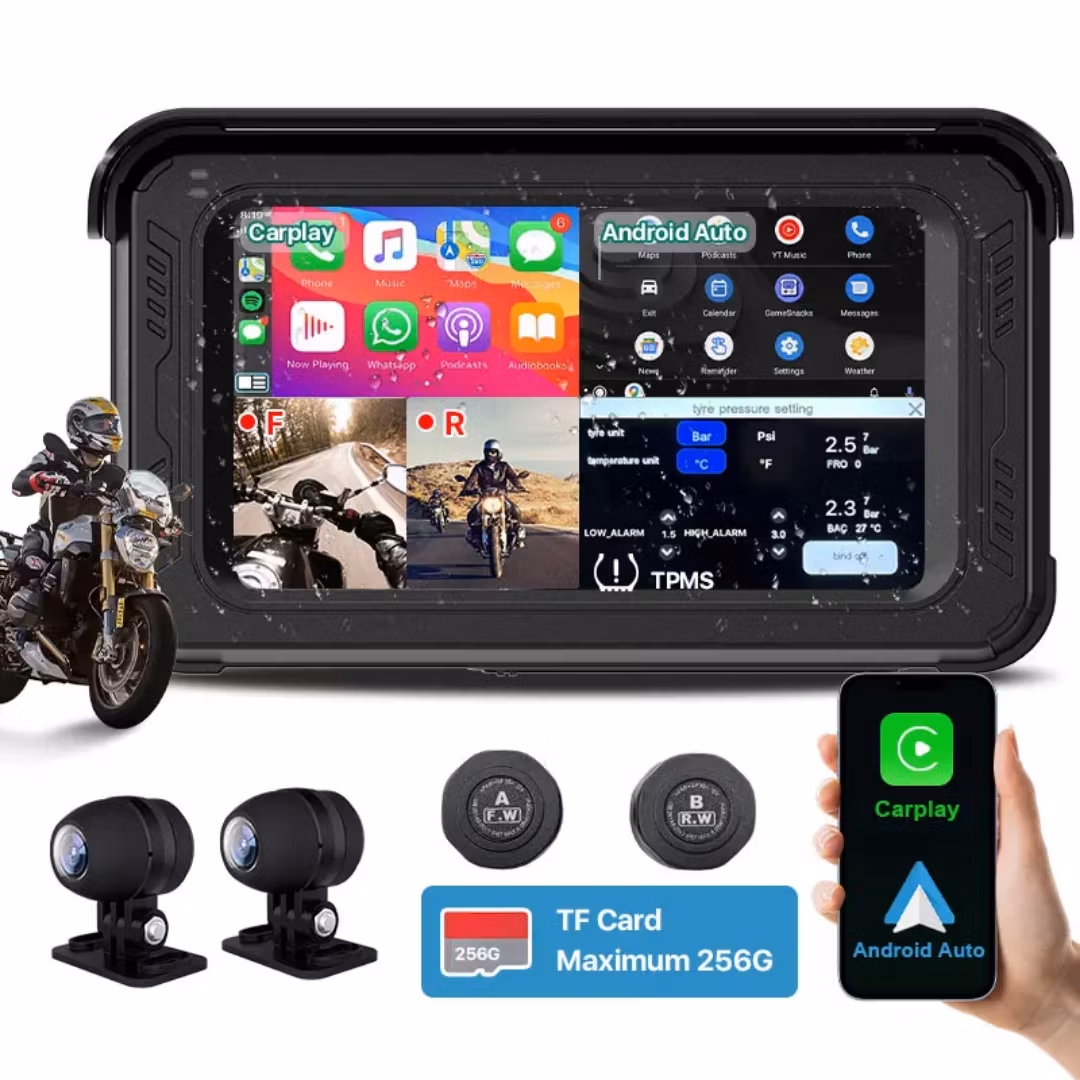 5-tums trådlös motorcykel-DVR med Apple Carplay, 2K/1080P, IP65 vattentät kamera, skärm, GPS, Bluetooth, Android Auto