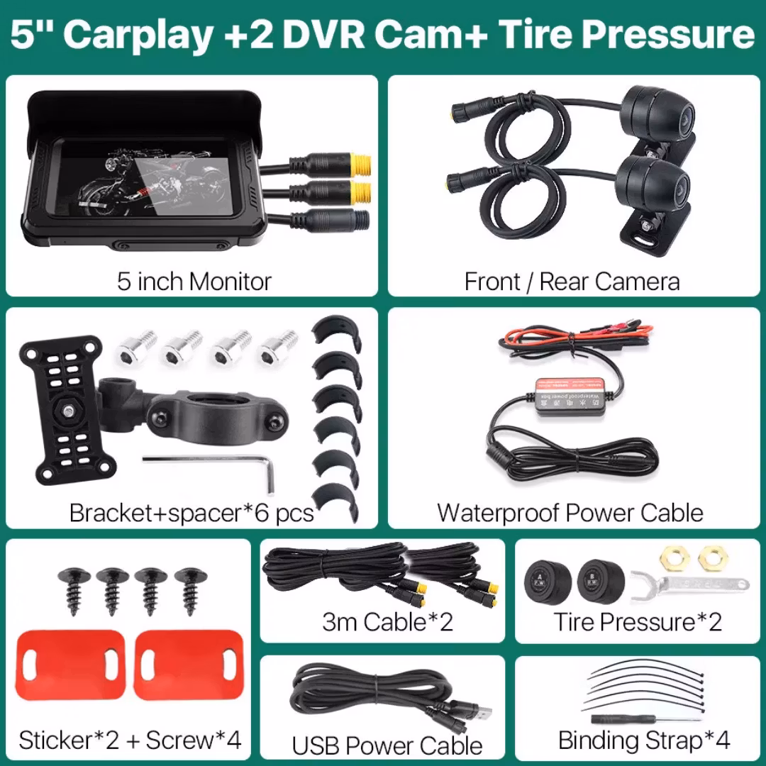 5-tums trådlös motorcykel-DVR med Apple Carplay, 2K/1080P, IP65 vattentät kamera, skärm, GPS, Bluetooth, Android Auto