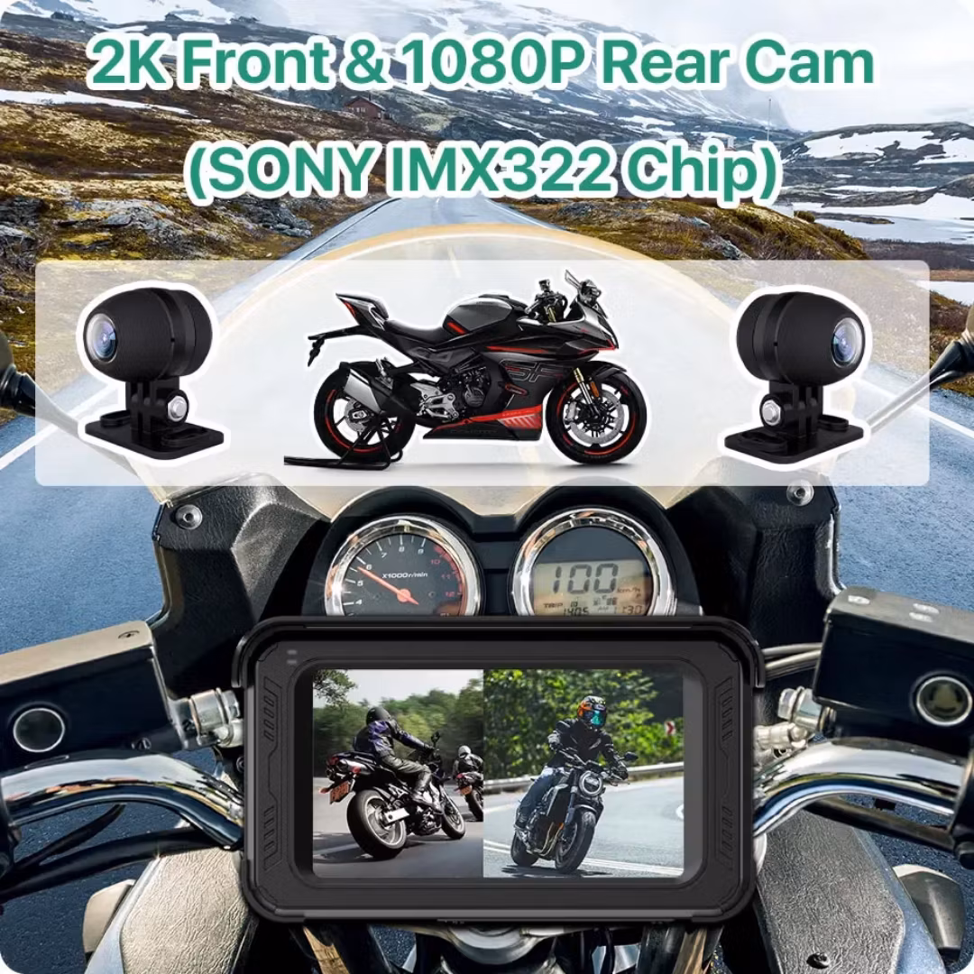 5-tums trådlös motorcykel-DVR med Apple Carplay, 2K/1080P, IP65 vattentät kamera, skärm, GPS, Bluetooth, Android Auto