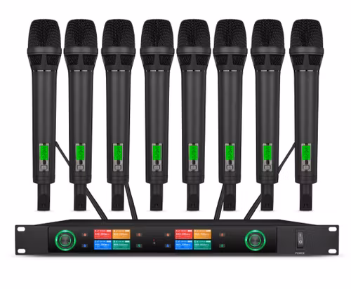 professionellt 8-kanals UHF dynamiskt trådlöst mikrofonsystem med 100 kanaler