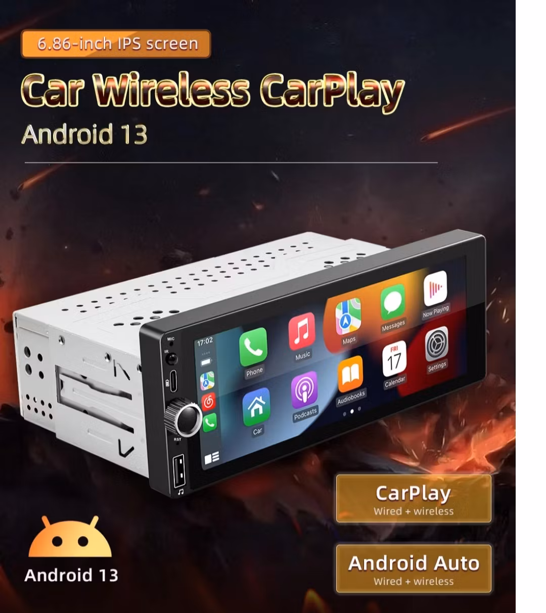 6,8" android 13, 1 Din universal  bilstereo , gps, dsp  carplay android auto wifi,Ram: 4GB,Rom: 64GB 4G LTE + backkamera