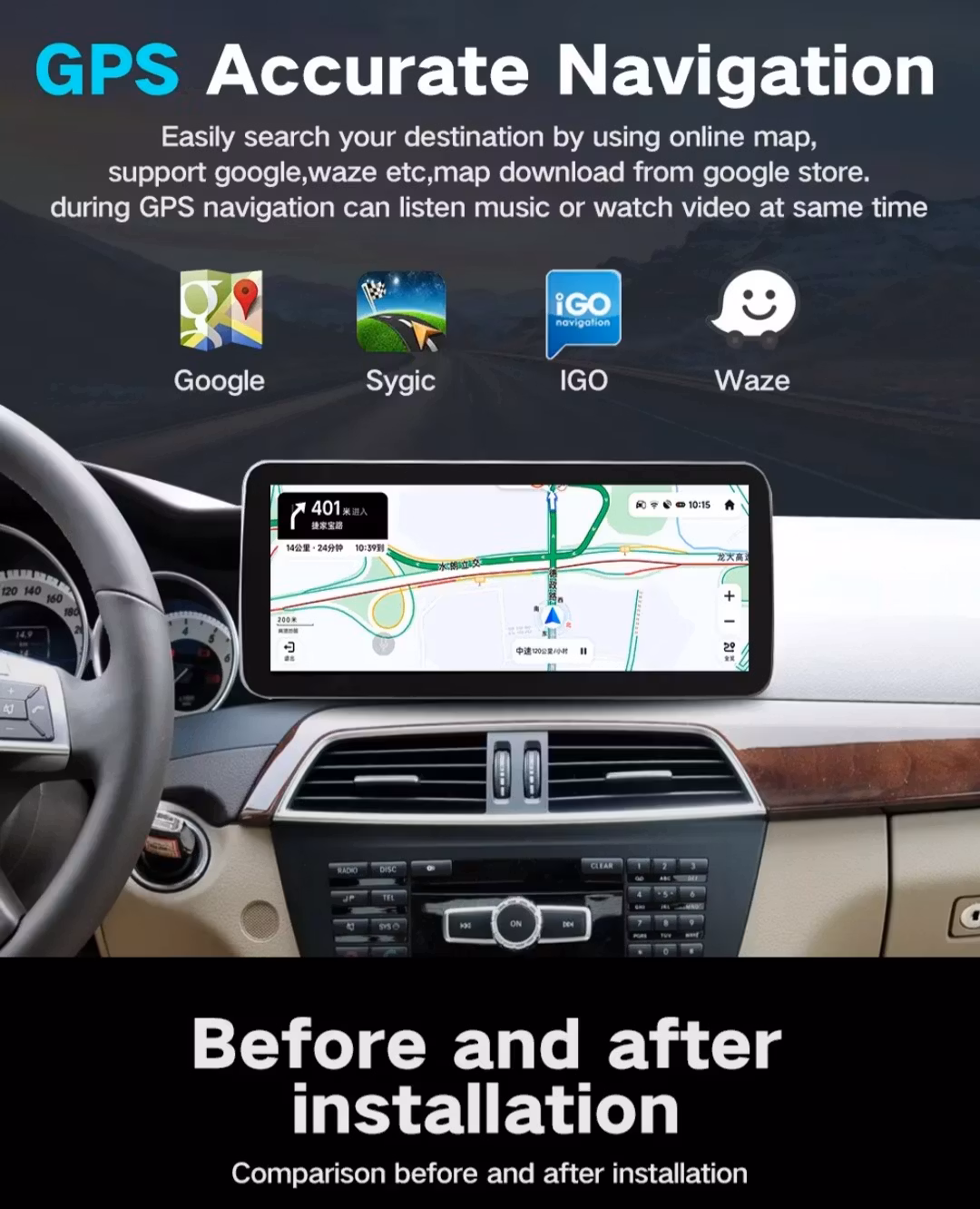 10,3" android13. Bilstereo Mercedes Benz C klass( 2015--2018) gps  wifi  dsp,carplay,android auto., ram: 4G,Rom: 64GB 4G LTE