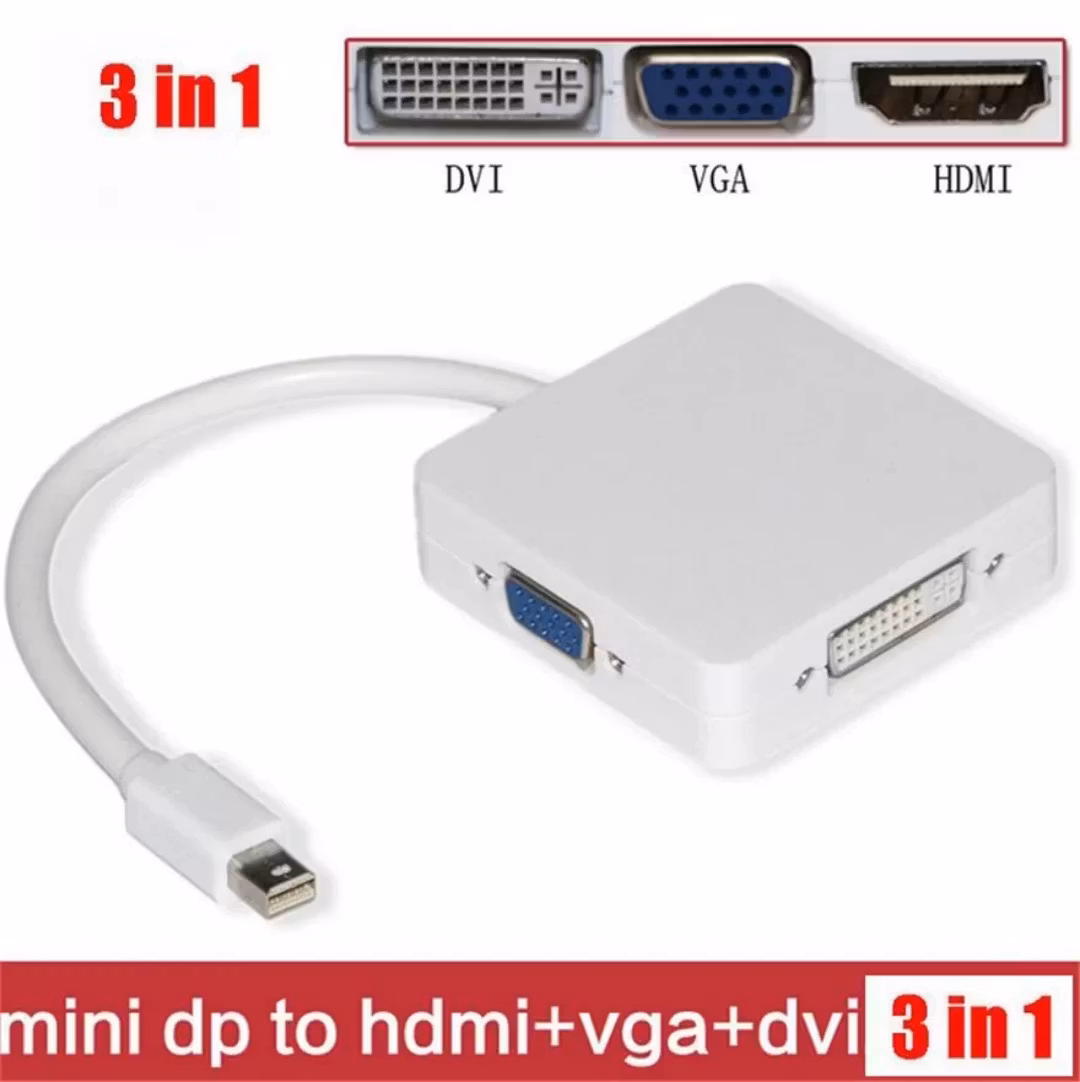 3-i-1 Mini Display DP-port / Thunderbolt-hane till VGA / DVI / HDMI-kabeladapter 1080P