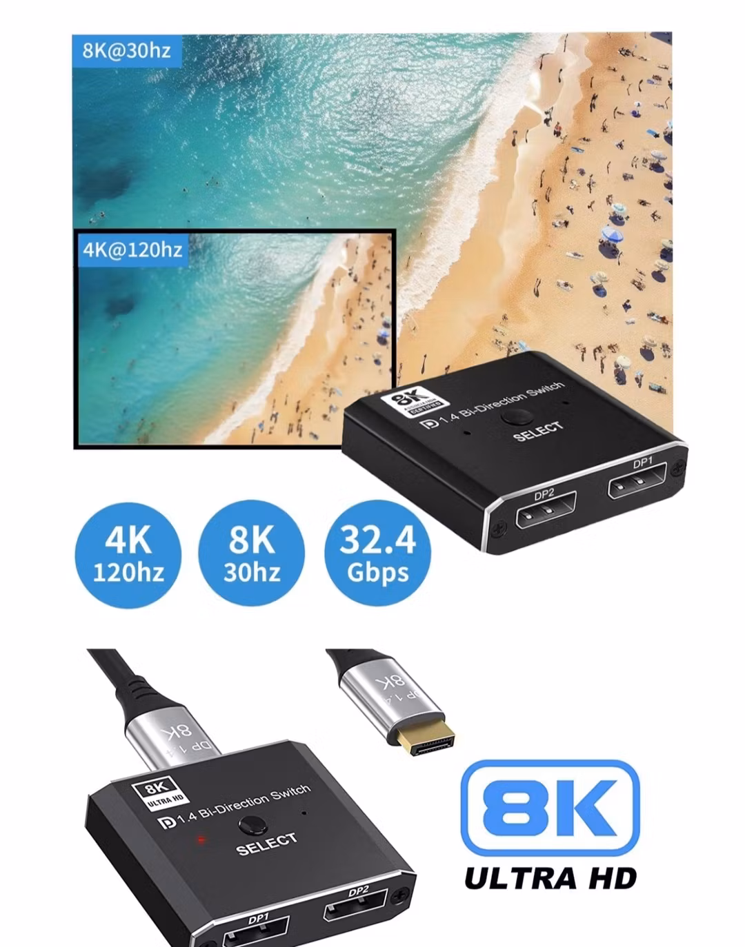 2X1 Display DP-port KVM-switch 8K@30Hz 4K@120Hz Manuell DP Dubbelriktad Switcher 2 in 1 ut för datorskärm Projektor TV