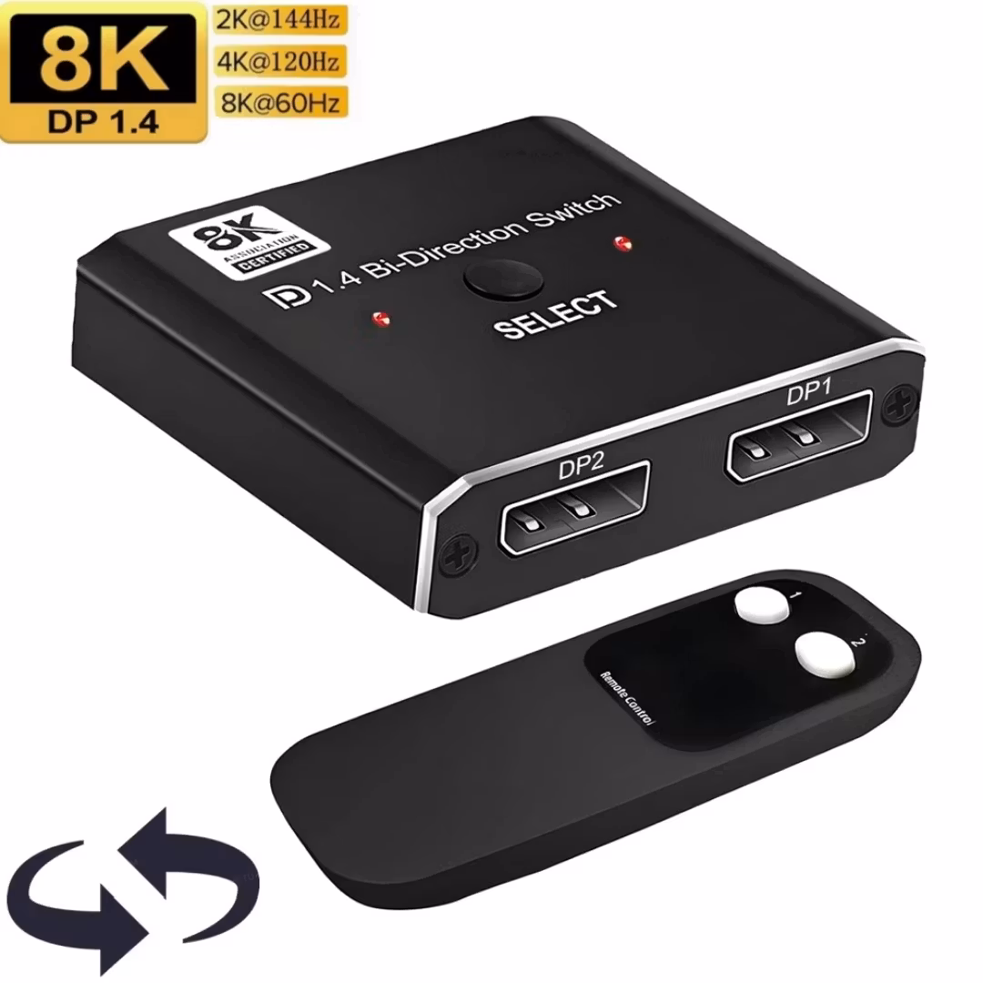 2X1 Display DP-port KVM-switch 8K@30Hz 4K@120Hz Manuell DP Dubbelriktad Switcher 2 in 1 ut för datorskärm Projektor TV