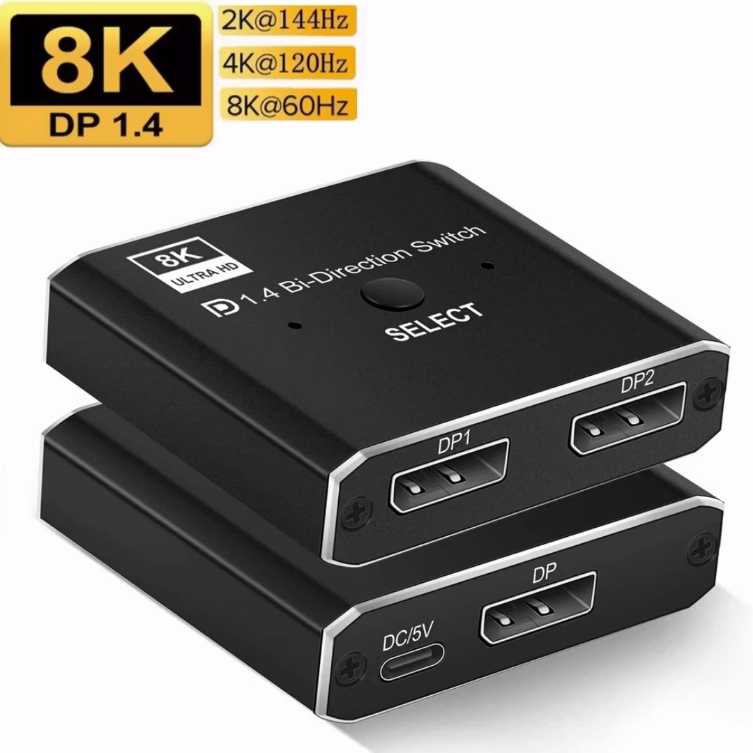 2X1 Display DP-port KVM-switch 8K@30Hz 4K@120Hz Manuell DP Dubbelriktad Switcher 2 in 1 ut för datorskärm Projektor TV
