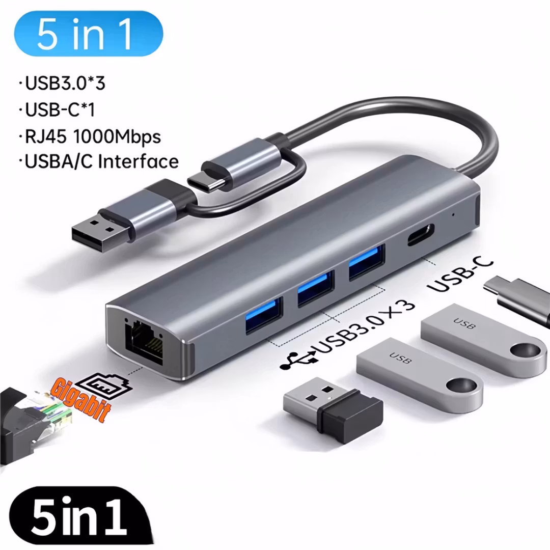 2-i-1 USB 3.0 Typ-C Gigabit trådbunden nätverksadapter Typ USB C till 1000 Mps RJ45 USB 3.0 HUB Typ-C HUB Dockningsstation 5-i-1 För Macbook PC mobiltelefon