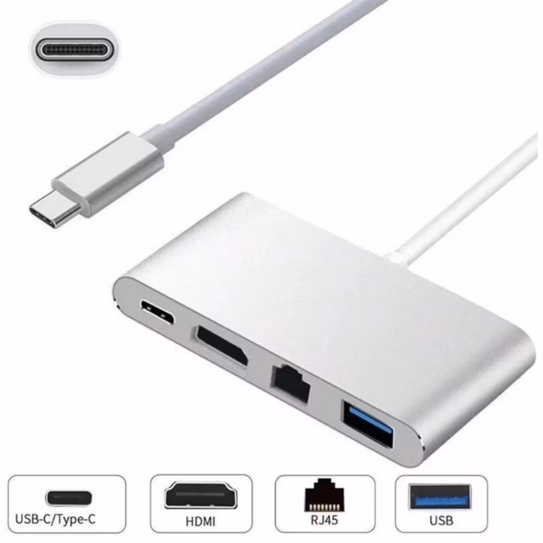 Aluminium Typ C Hub USB C till 4K HDTV RJ45 Lan Ethernet USB 3.0 Portadapter 4 i 1 USB C Hub
