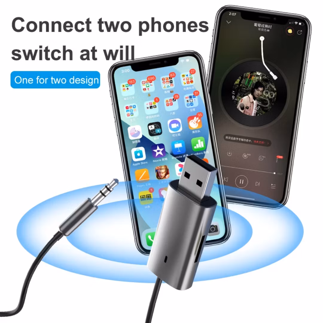 1,2 m lång 3,5 mm-uttag trådlös Bluetooth 5.1-ljud AUX-mottagare adapter handsfree för bilhögtalare med TF-kortplats