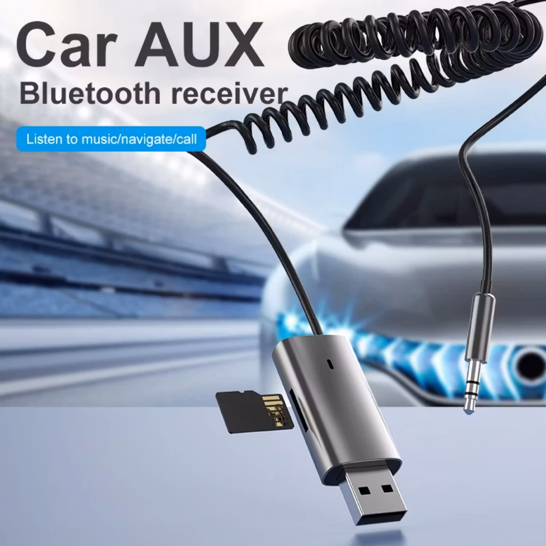 1,2 m lång 3,5 mm-uttag trådlös Bluetooth 5.1-ljud AUX-mottagare adapter handsfree för bilhögtalare med TF-kortplats