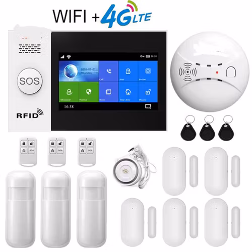 4G LTE / wifi 4,3" larmsystem med dörr/fönster sensorer, trådlös rökdetektor  fjärrkontroll, RFID Dosa &siren