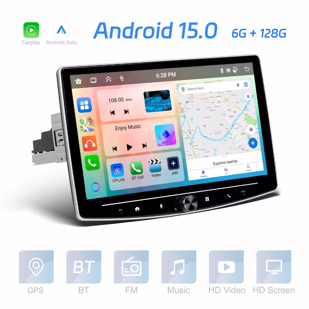 10,1" android 15 universal 1Din bilstereo ,360° roterande skärm. Ram : 6GB,Rom;128GB,Gratis backkamera