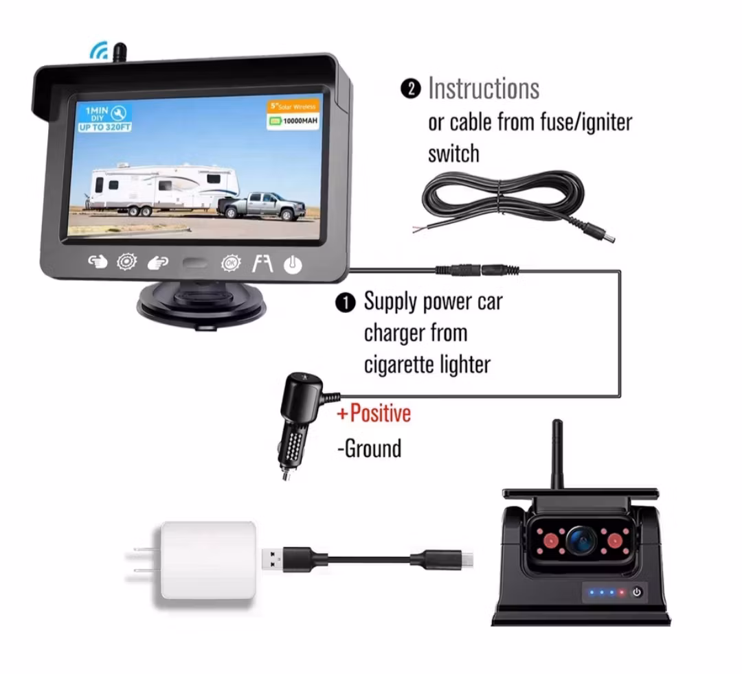 5 tum + trådlöst solcellmagnetiskt backkamerasystem 9600mAh