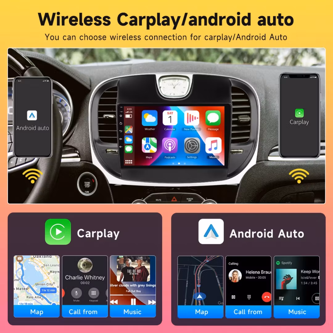 9-tums Qualcomm Android-bilradio för Chrysler 300 (2011-2019) 4+64G 8-kärnig trådlös CarPlay/Android Auto GPS WiFi 4G + gratis kamera