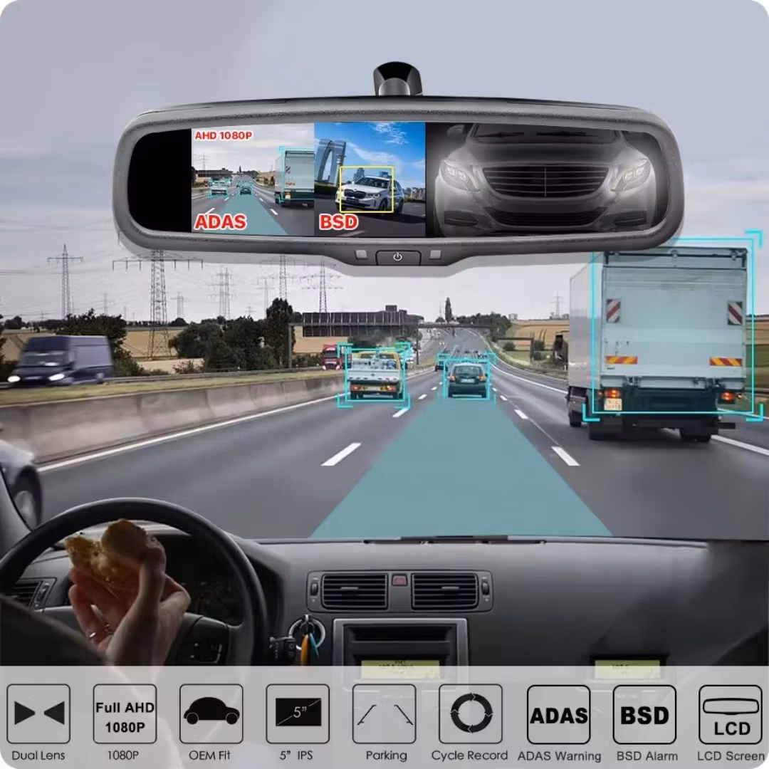 5"  Bilspegel DVR backkamea med dubbla linser och parkeringssensor, 1080 pixlar, dashcam-kamera. Bilkörningsinspelare, G-sensor