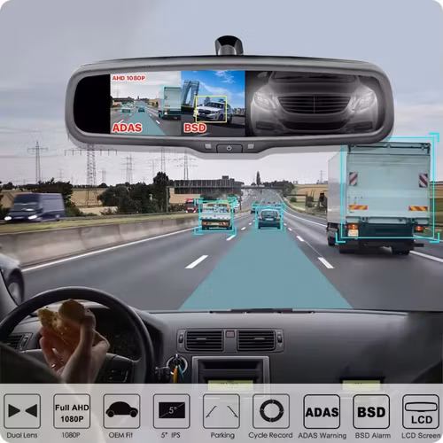 5"  Bilspegel DVR backkamea med dubbla linser och parkeringssensor, 1080 pixlar, dashcam-kamera. Bilkörningsinspelare, G-sensor