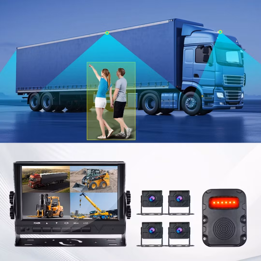 7-tums 4-kanals AI-lastbilskamerasystem med DVR, BSD-dödvinkeldetektering och IP68-vattentät backkamera för husbil, buss, dragbil, släpvagn, lastbil, parkeringshjälp, backhjälp för bil.