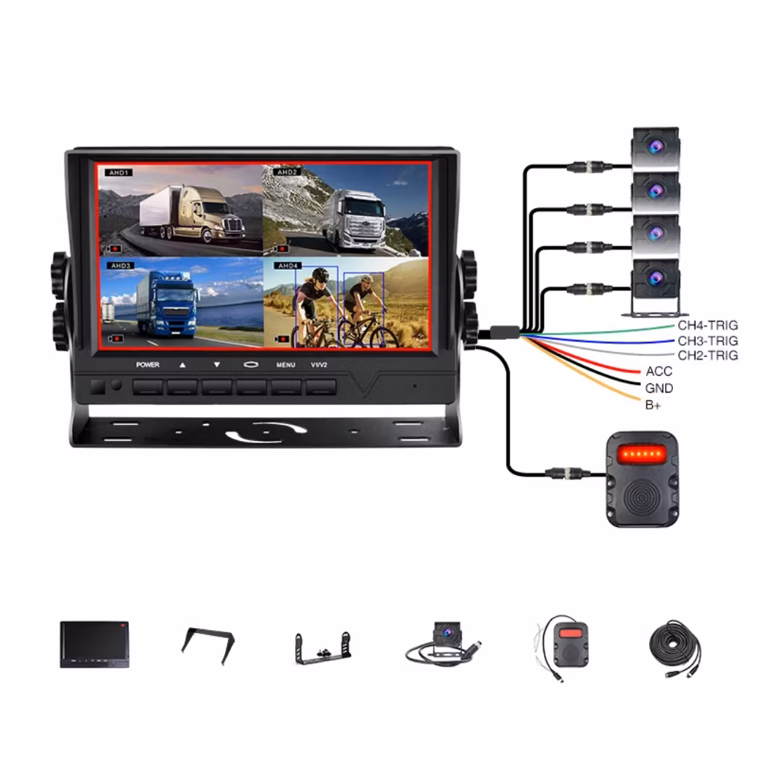 7-tums 4-kanals AI-lastbilskamerasystem med DVR, BSD-dödvinkeldetektering och IP68-vattentät backkamera för husbil, buss, dragbil, släpvagn, lastbil, parkeringshjälp, backhjälp för bil.