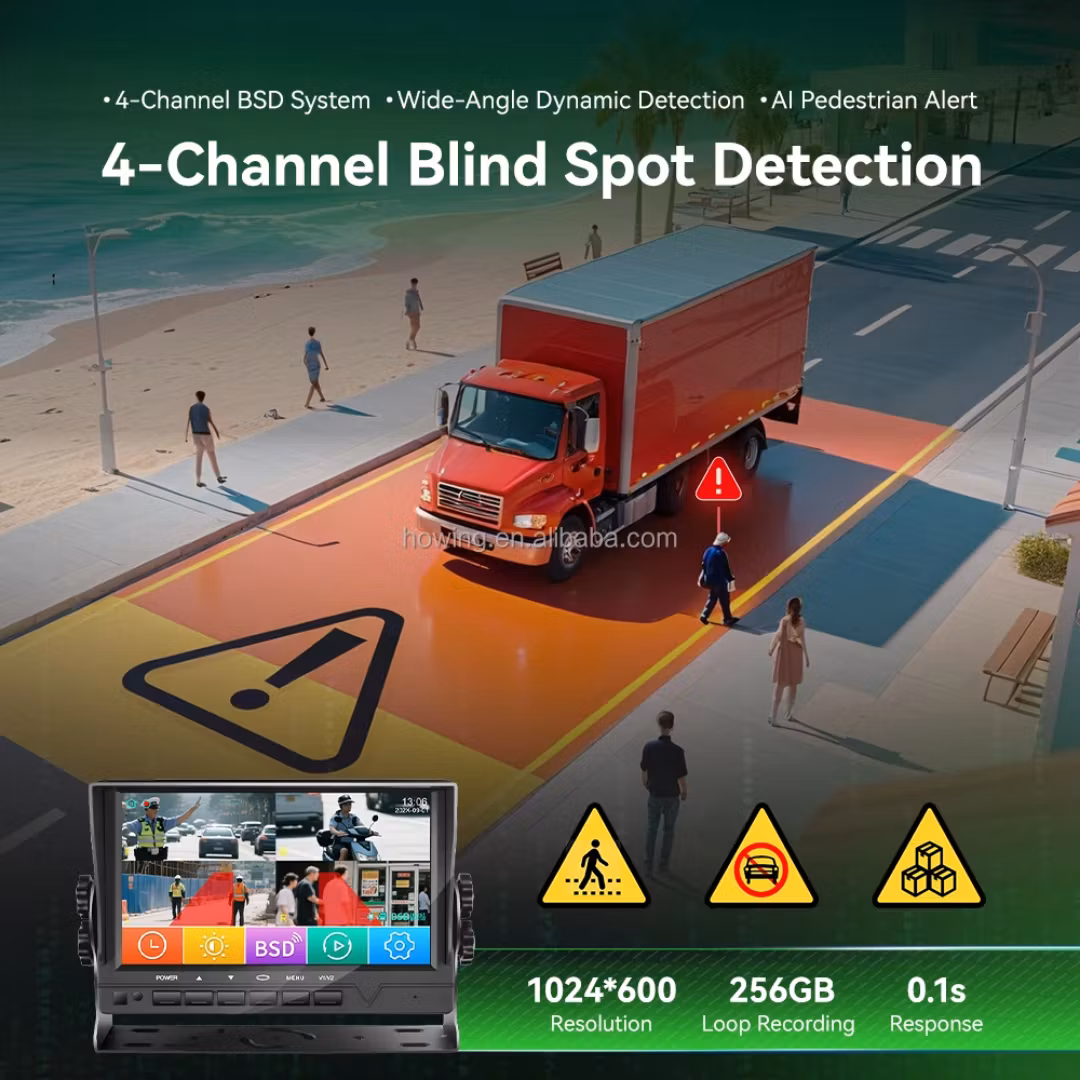 7-tums 4-kanals AI-lastbilskamerasystem med DVR, BSD-dödvinkeldetektering och IP68-vattentät backkamera för husbil, buss, dragbil, släpvagn, lastbil, parkeringshjälp, backhjälp för bil.