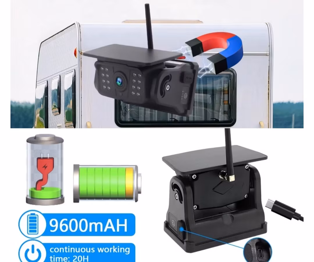 Solcellsdriven Trådlös Backkamera 7” HD Pekskärm – Magnetisk trådlös Kamera för Husbil, Lastbil & Släp
