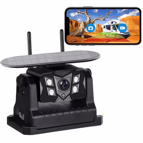 Trådlös Solcellsdriven WiFi Backkamera 720P HD med AI Blind Spot Detection (BSD) – Magnetfäste, Nattseende & 9600mAh Batteri