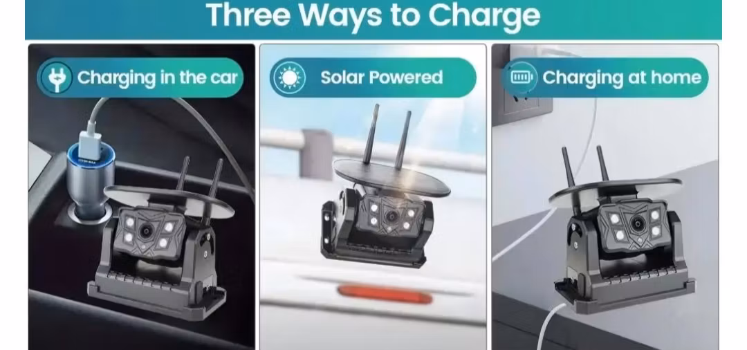 Trådlös Solcellsdriven WiFi Backkamera 720P HD med AI Blind Spot Detection (BSD) – Magnetfäste, Nattseende & 9600mAh Batteri